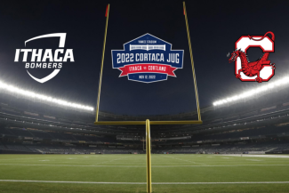 Image of a Football field, with Ithaca, Cortland, and Cortaca logos