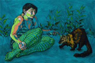 Painting of woman and fisher cat