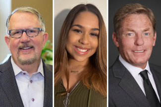 John Neeson ’84, Alexa Rahman ’24 and Kenneth Fisher ’80, Parent ’20 as the new members of the Ithaca College Board of Trustees.