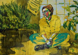 Seated figure with plants, title: Roselawn oil and acrylic on paper 42 x 60"