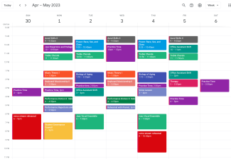 Class schedule showing range of scheduled courses in Sunday through Saturday week range.