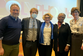 (From left) Brett Bossard, executive director of alumni and family engagement at Ithaca College; Andrew Utterson, associate professor of screen studies; Patty Zimmerman, director of FLEFF and Charles A. Dana professor of screen studies; Tanya Saunders, FLEFF executive producer emerita; and Amy Falkner, dean of the Roy H. Park School of Communications