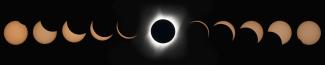 Stages of a total solar eclipse with the sun (an orange disk) increasingly covered by the moon (a dark disk).