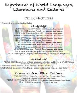A list of courses for Fall 2024 semester of World Languages, Literatures, and Cultures