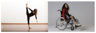 A dancer standing on one leg with their other leg raised vertically in the air. The entire body of the dancer is visible in the frame. Another dancer in a wheelchair. The entire wheelchair and person in it are visible in the frame.