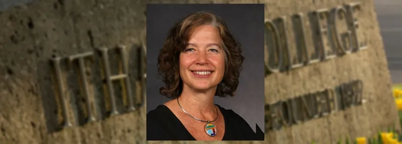 Kathryn Caldwell's photo set against a blurred image of the Ithaca College entrance.