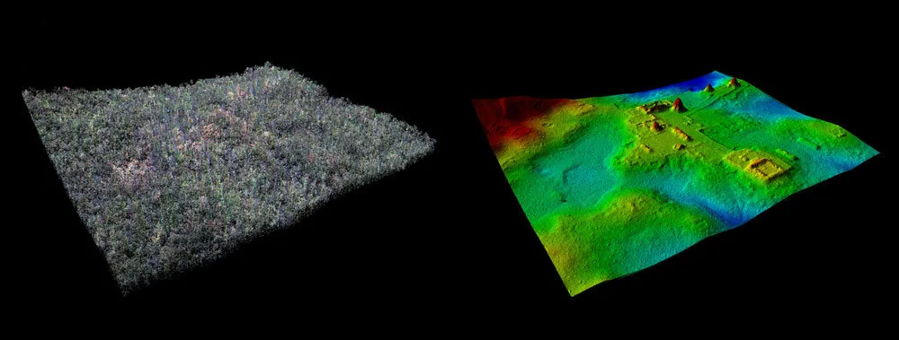 Two 3D digital maps, one with trees and one without