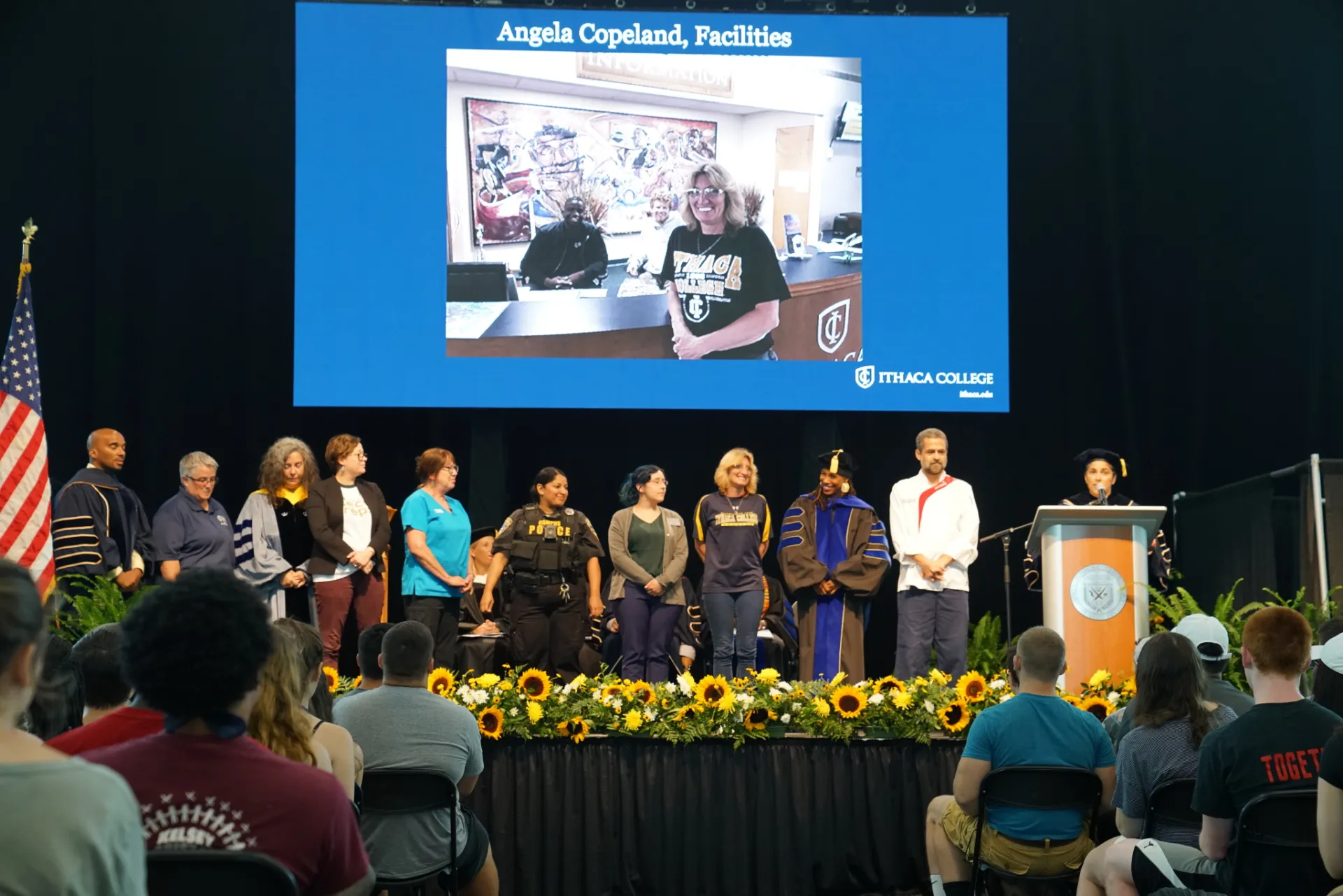 President Shirley M. Collado and several members of the Ithaca College campus on stage during Convocation