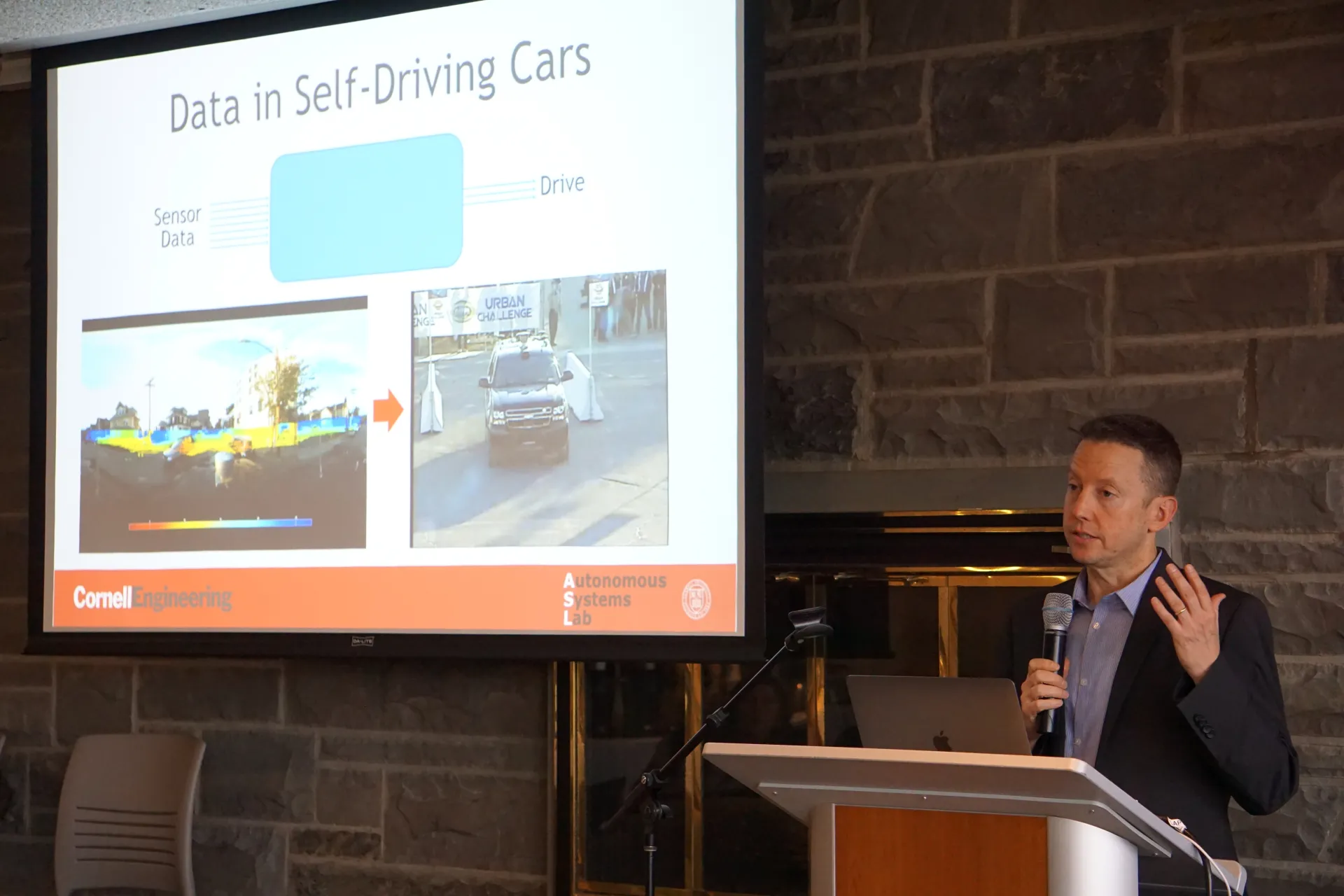 Cornell professor Mark Campbell speaking at Data Day