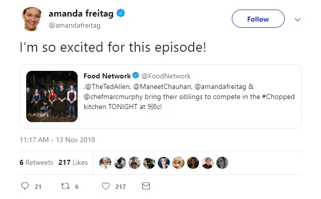 Screenshot of an Amanda Freitag tweet about "Chopped"