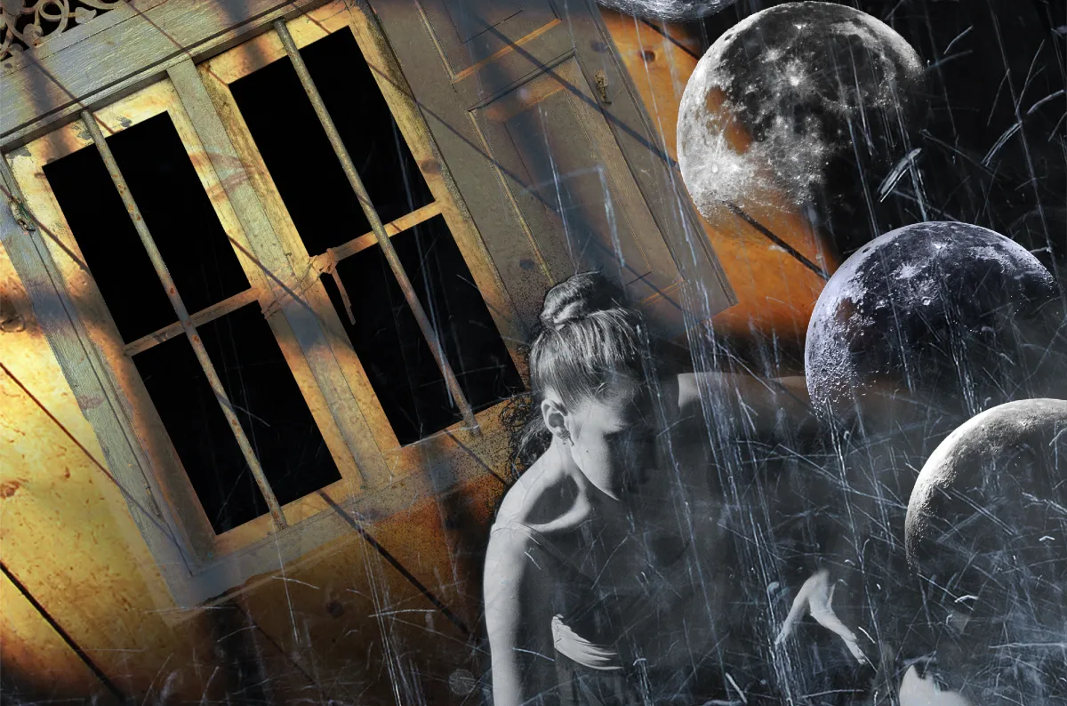 Graphic with a window, a dancer, and three moons