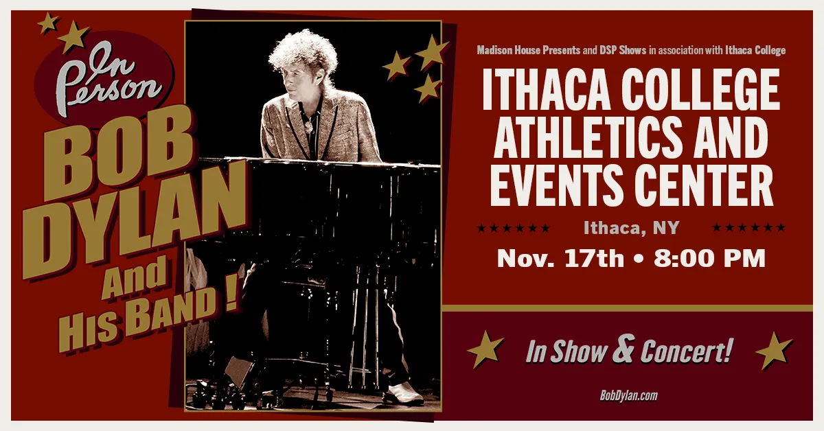 Bob Dylan concert graphic with photo of singer at a piano