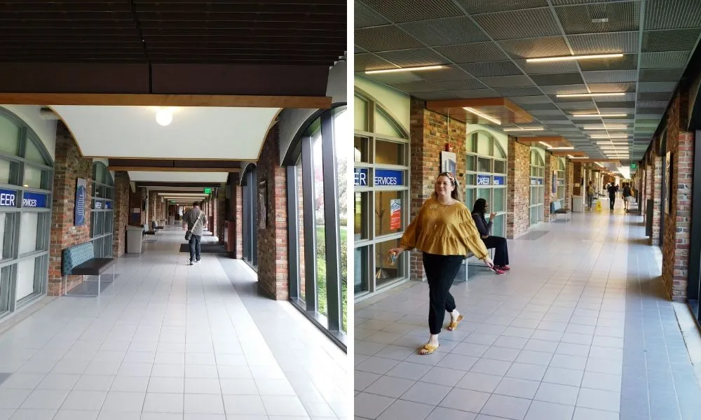 before and after photo of a hallway