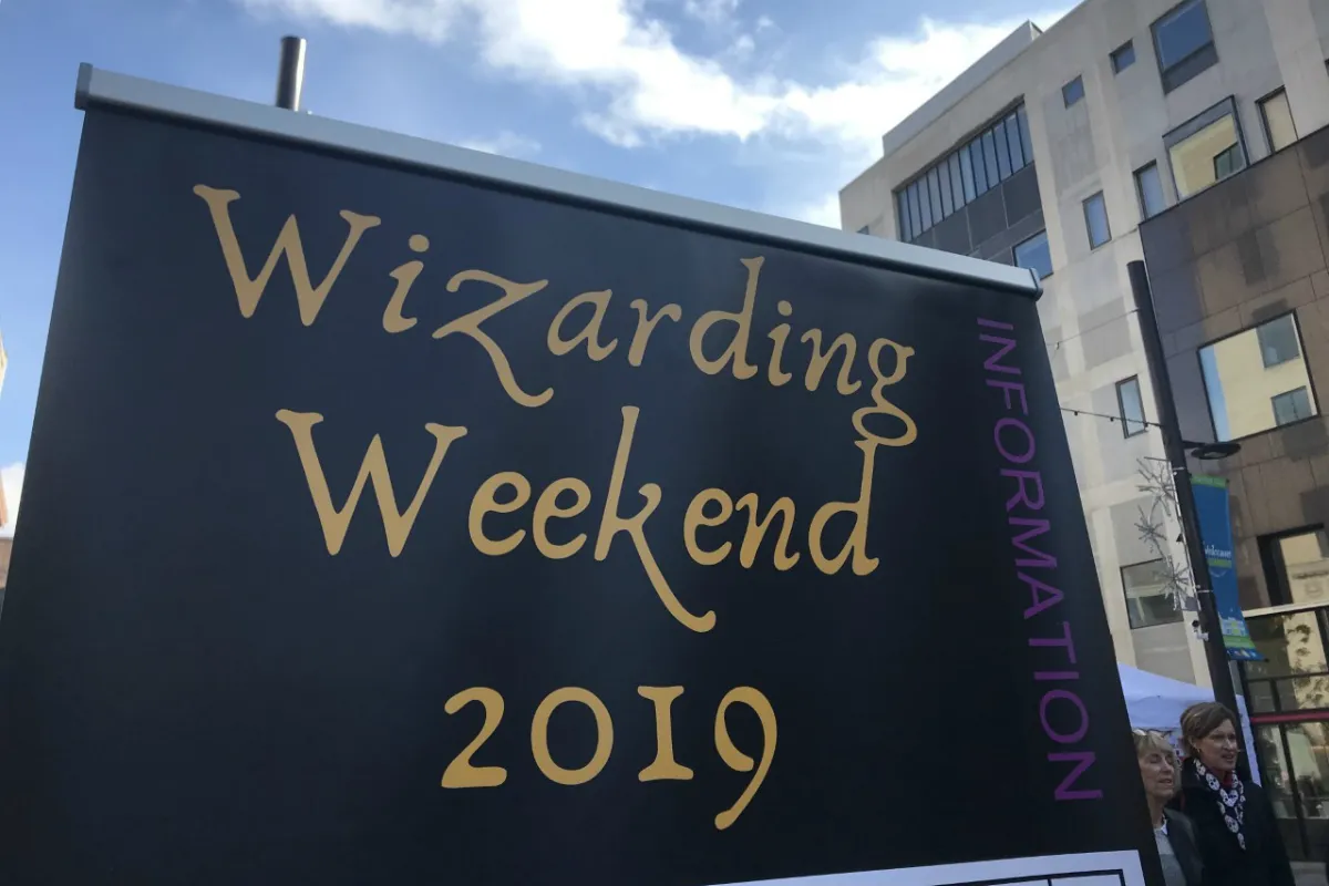 A sign reading "Wizarding Weekend 2019"