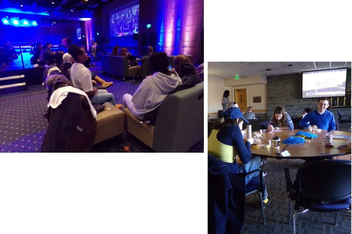 People sitting with a football game on television