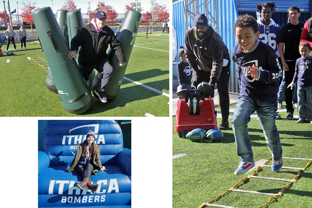 Photos of young people running on a field and one young woman sitting in a big blue chair
