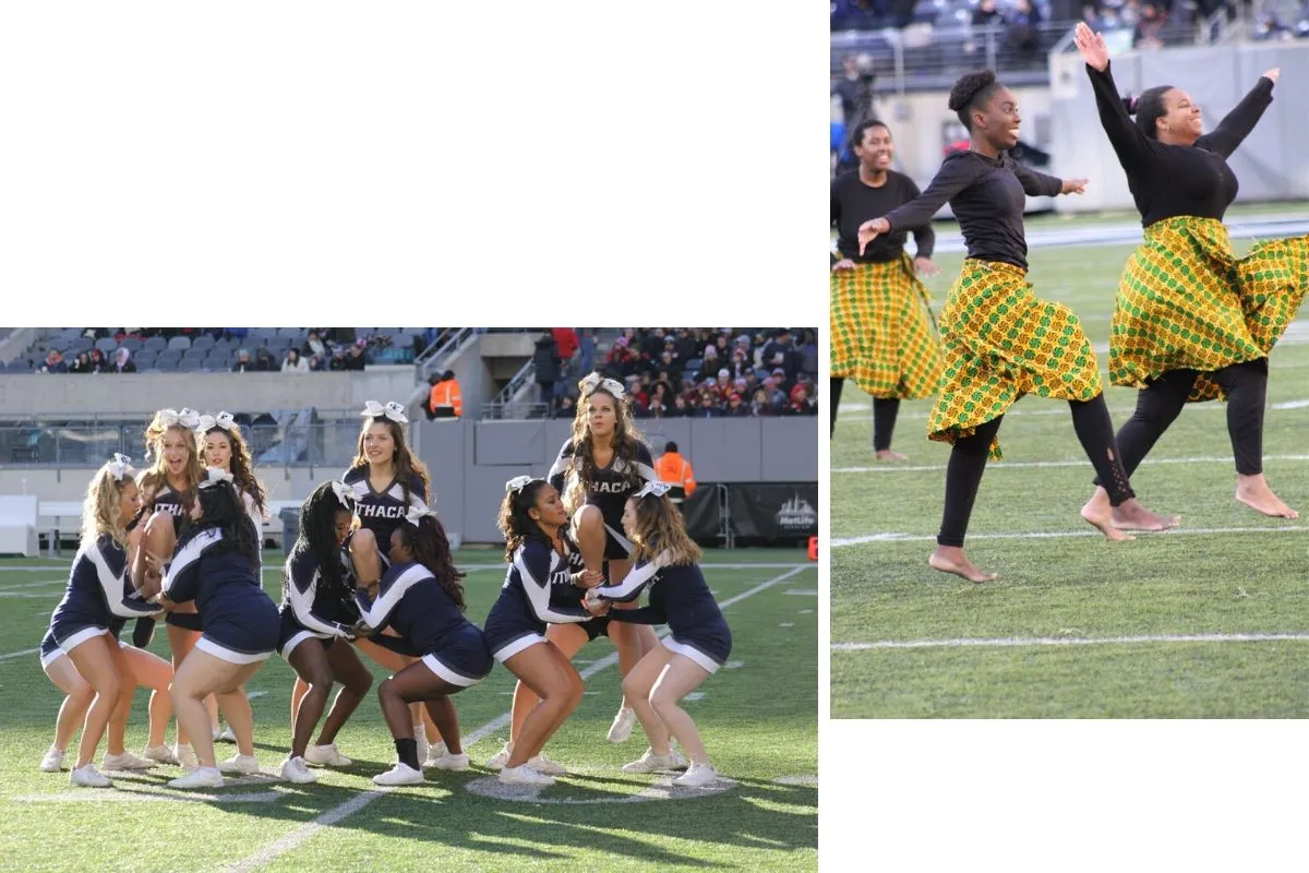 Cheerleaders and dancers on a football field