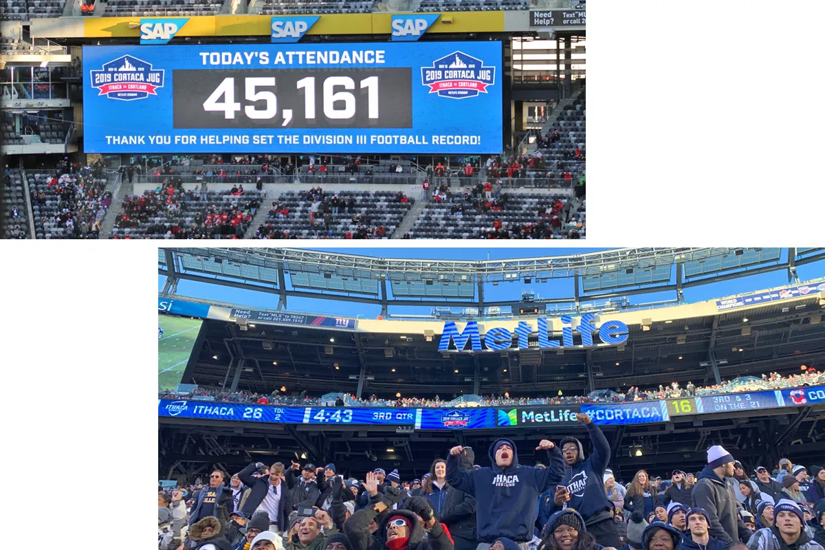 A stadium sign reading "45,161" and fans cheering