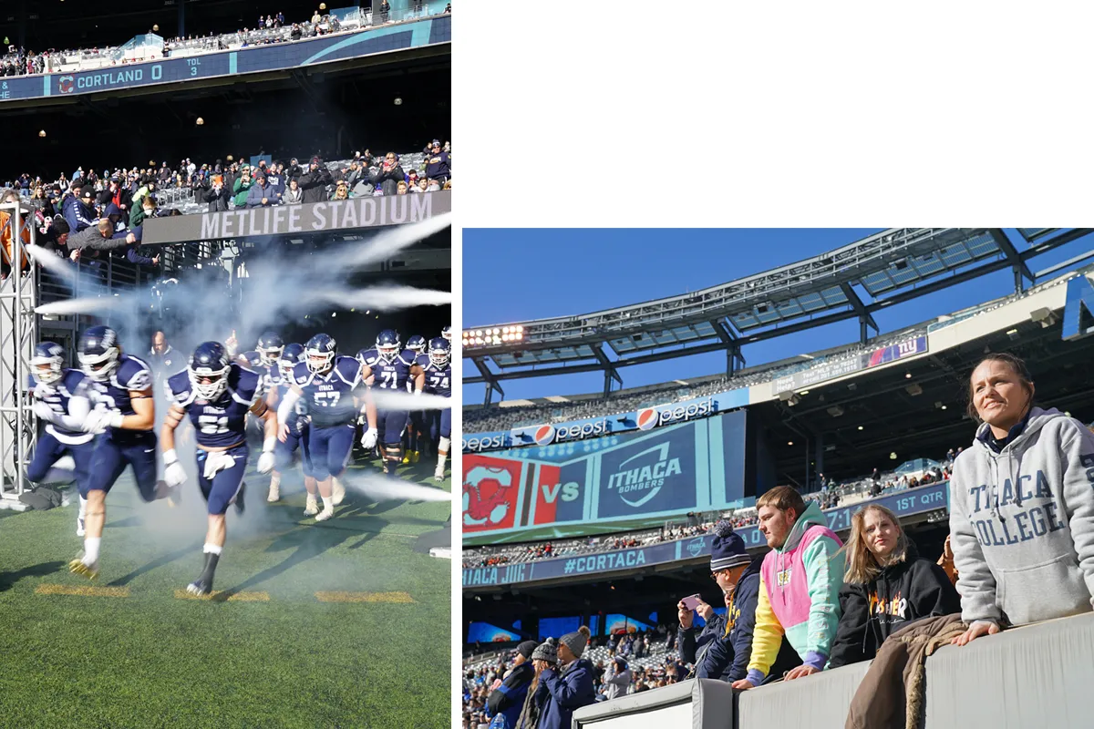 Football players running out of the tunnel and fans in the stands