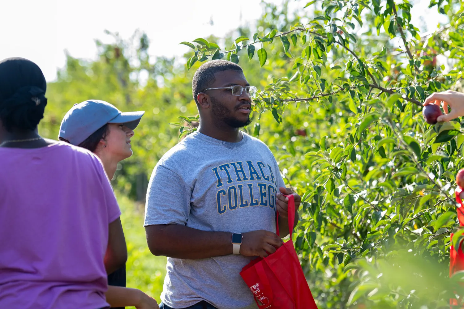 student at an apple orchard