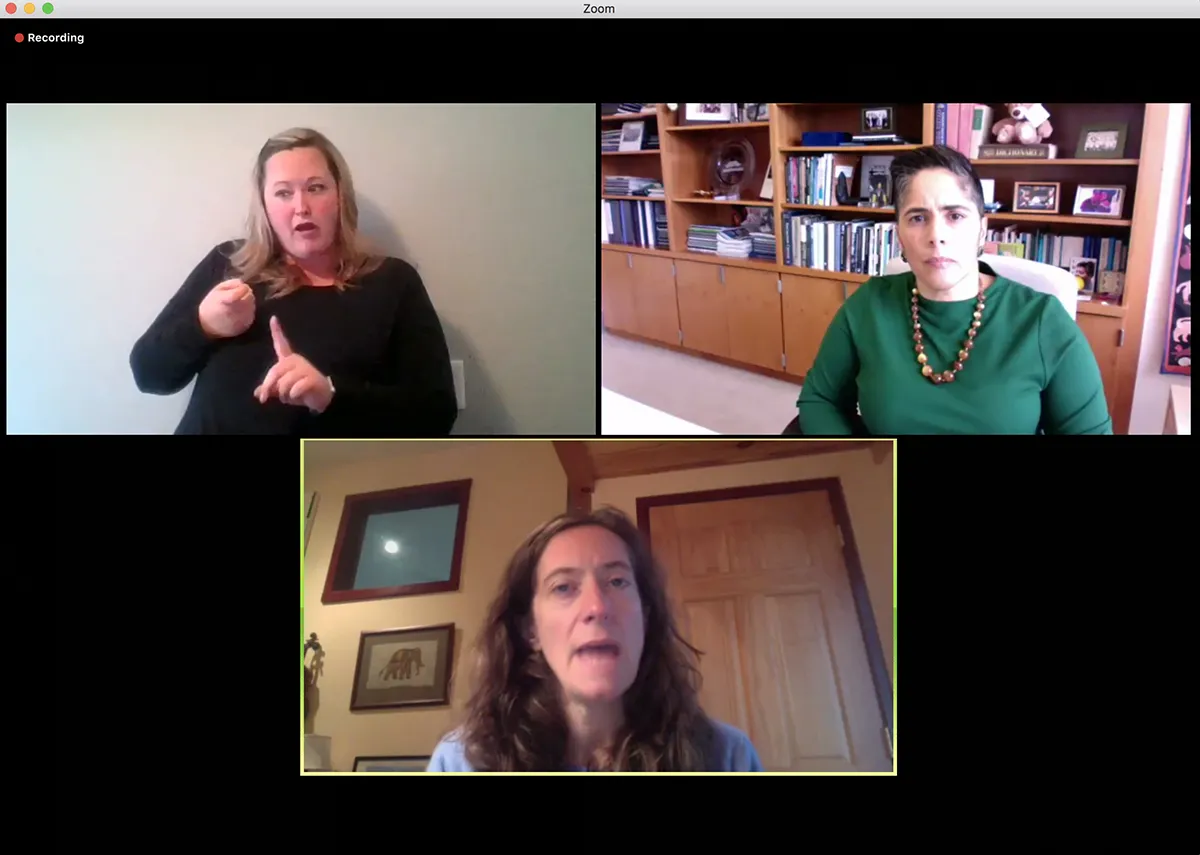 three people speak on a videoconference