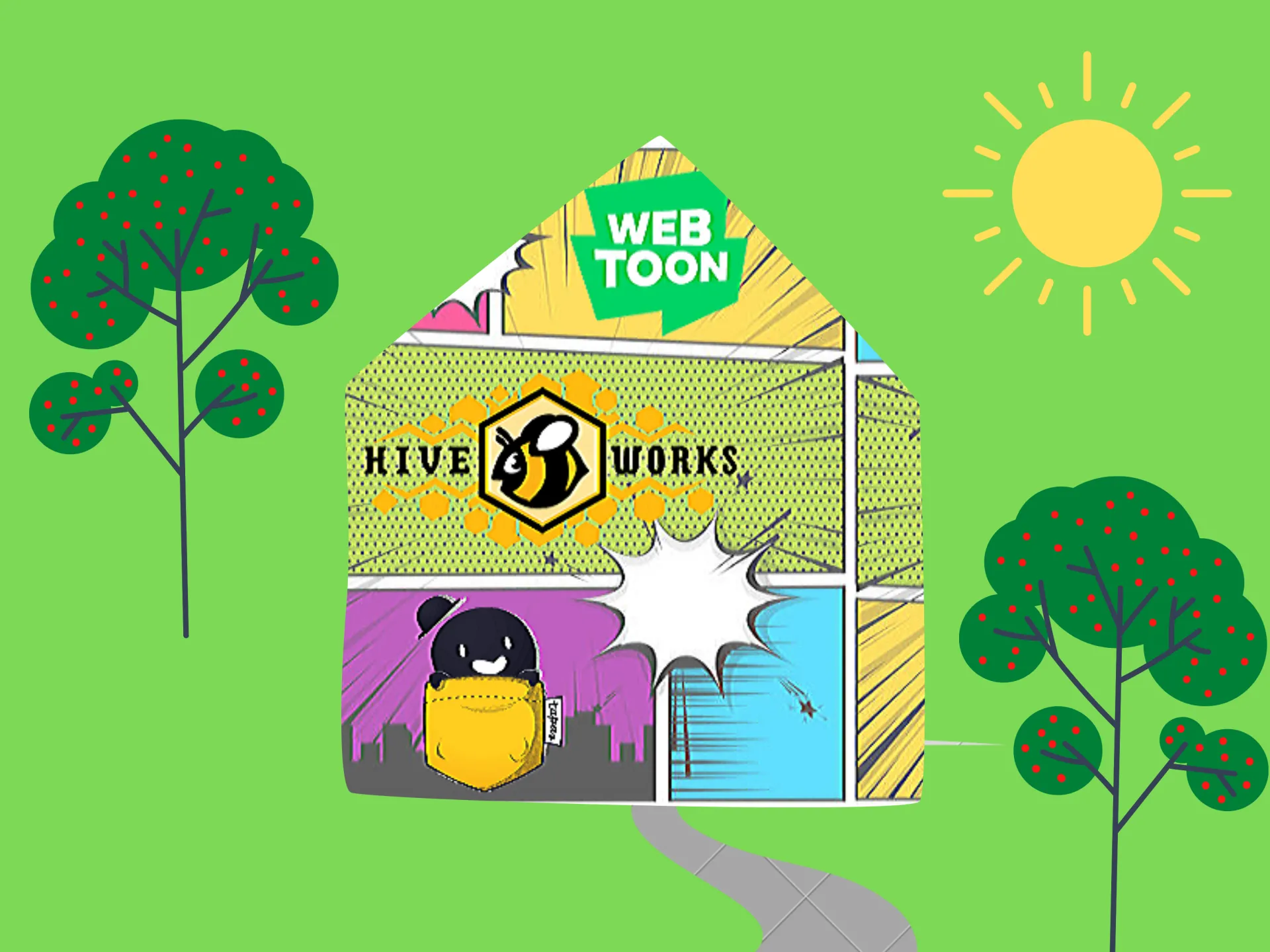 graphic featuring different webcomic platforms patrons can access from home