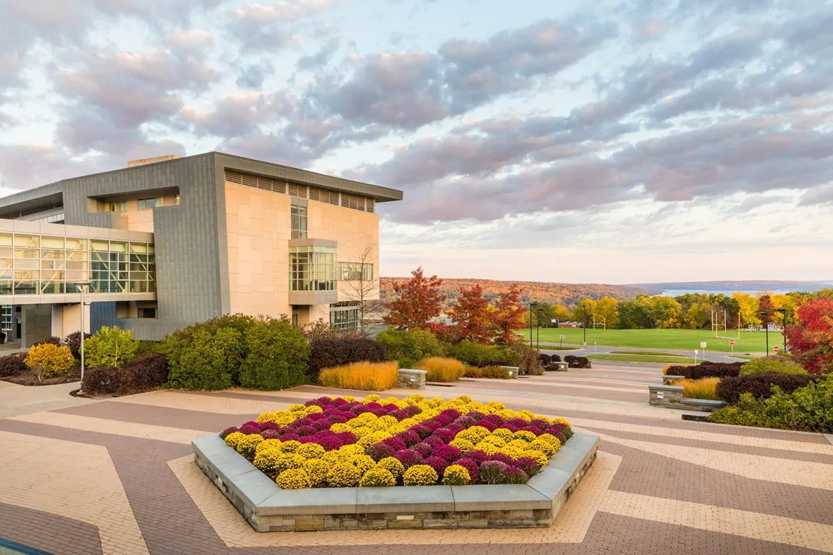 campus buildings with mums