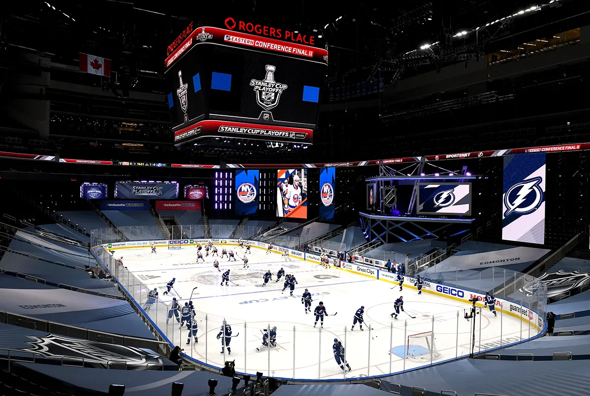 Two hockey teams warming up