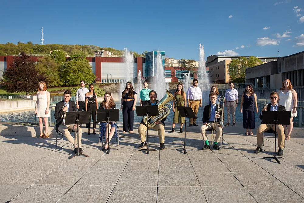 students around fountain