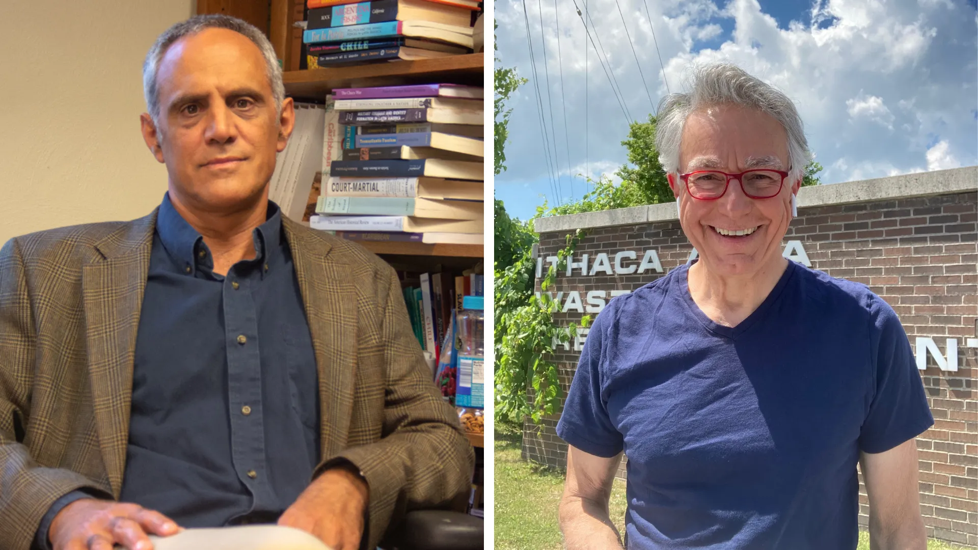 Combined image with a photo of Professor Jonathan Ablard sitting in an office and photo of Professor Stewart Auysash standing outside