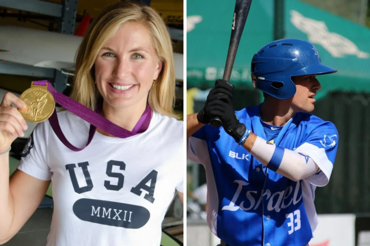 Meghan Musnicki holding up a gold medal; Jake Rosenberg at the plate