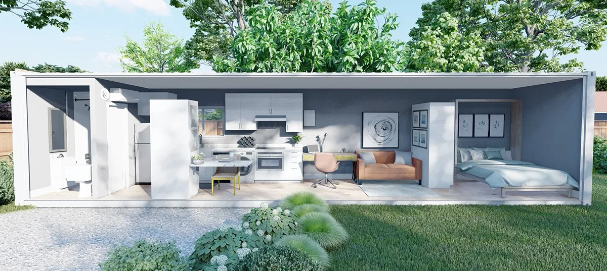 The inside of a shipping container, showing a full family layout