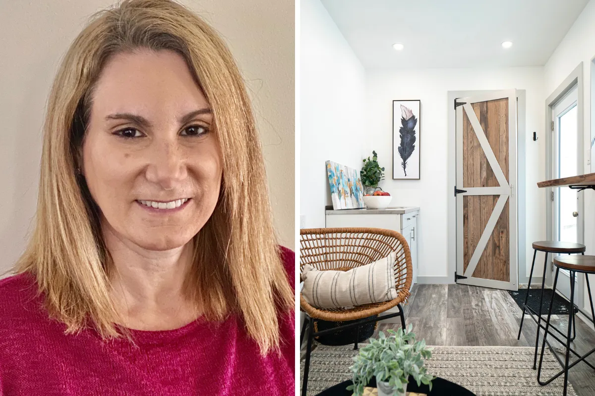 Headshot of Rory Rubin and the Interior of one of her shipping containers