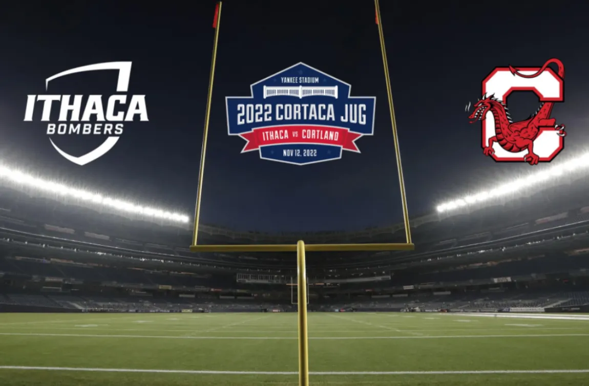 Image of a Football field, with Ithaca, Cortland, and Cortaca logos