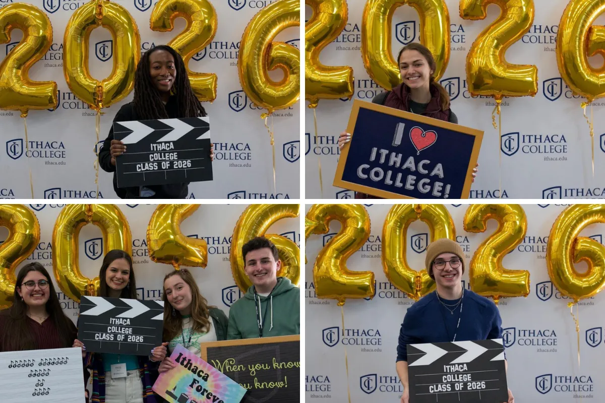 A collage of students in front of 2026 balloon