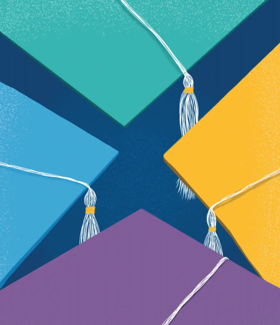 A picture of four graduation caps