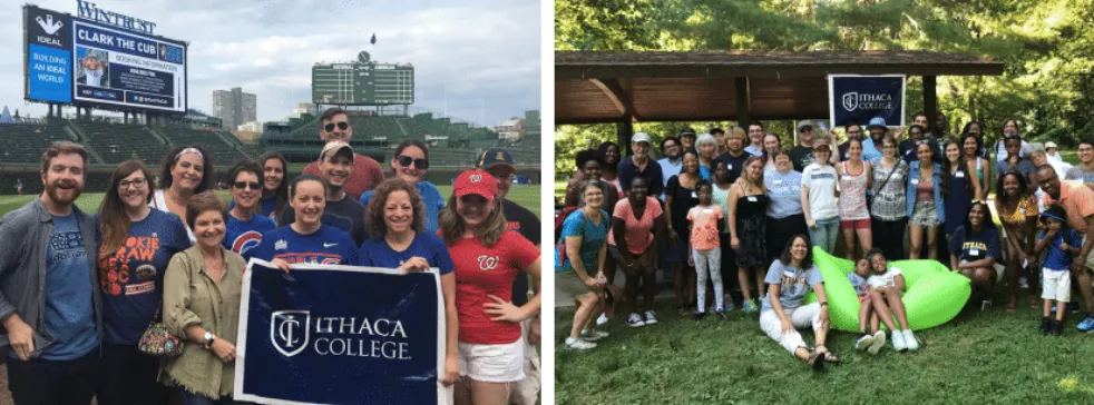 Alumni at Wrigley Field and posing in a park