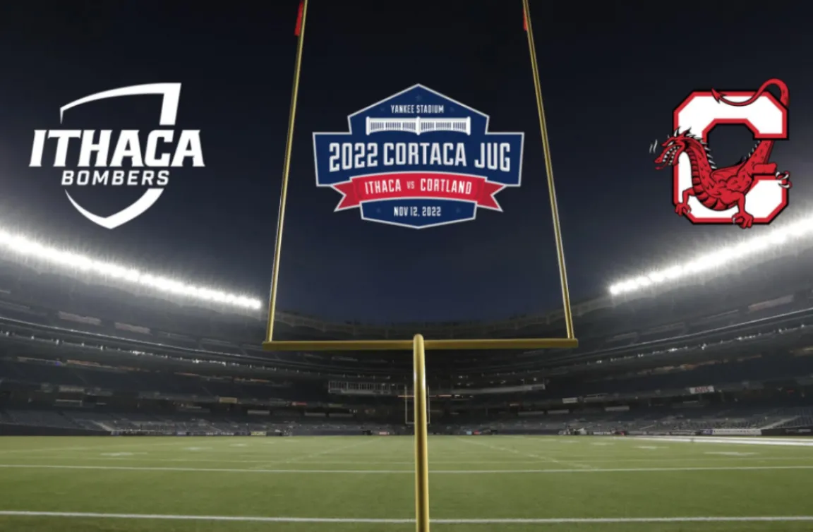 Cortaca Jug Logo showing IC and Cortland logos on a football field