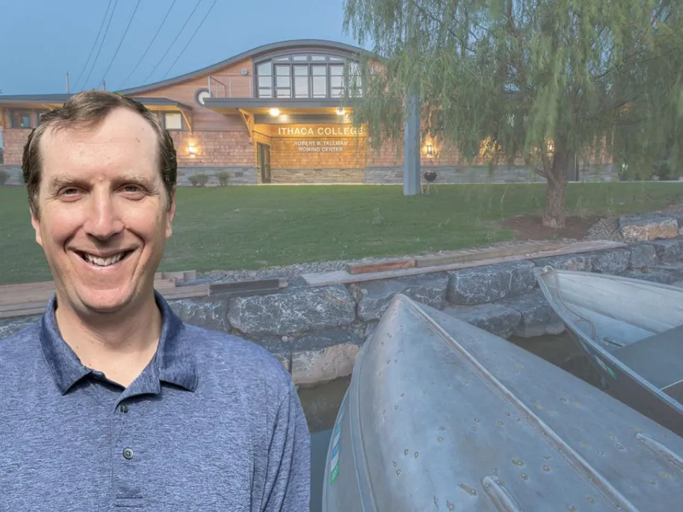 Headshot of Justin Stangel over an image of the crew boathouse