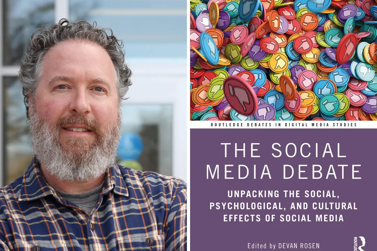 Headshot of Devan Rosen and a picture of the book cover