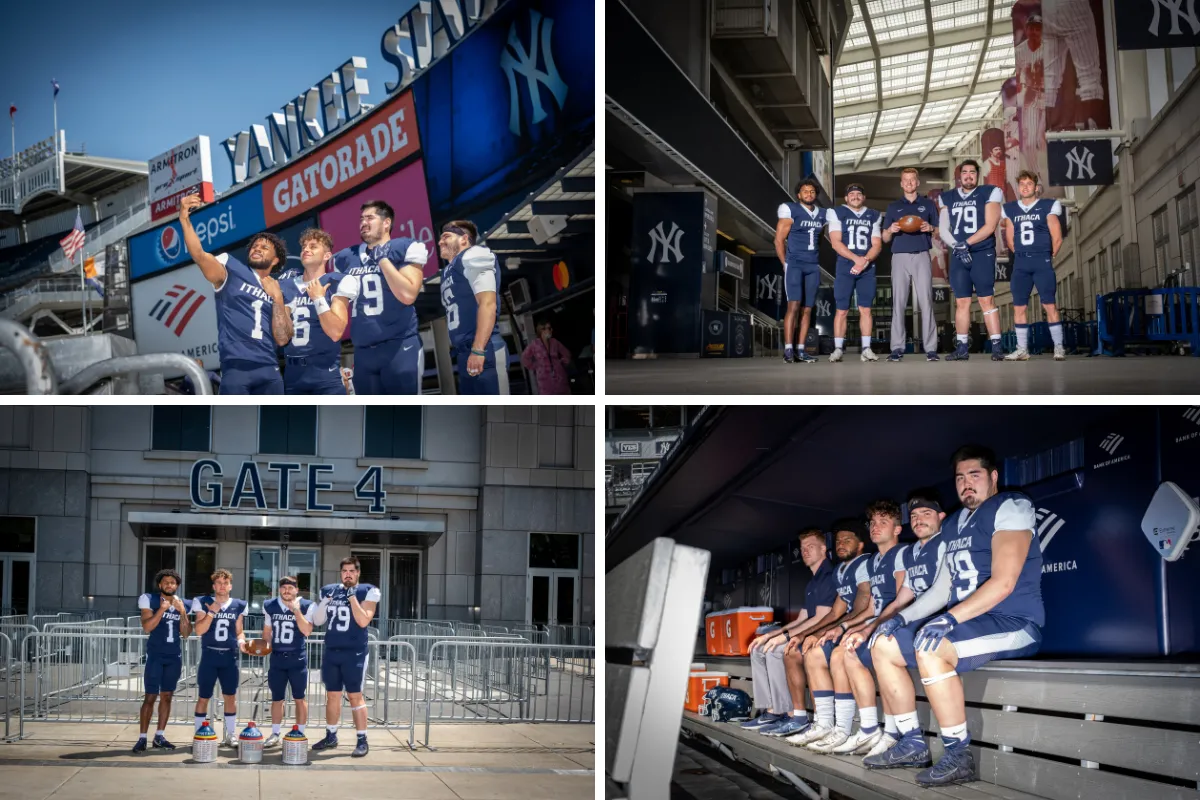 Ithaca players taking selfies, inside Yankee Stadium, standing outside Gate 4, and in the Yankee dugout