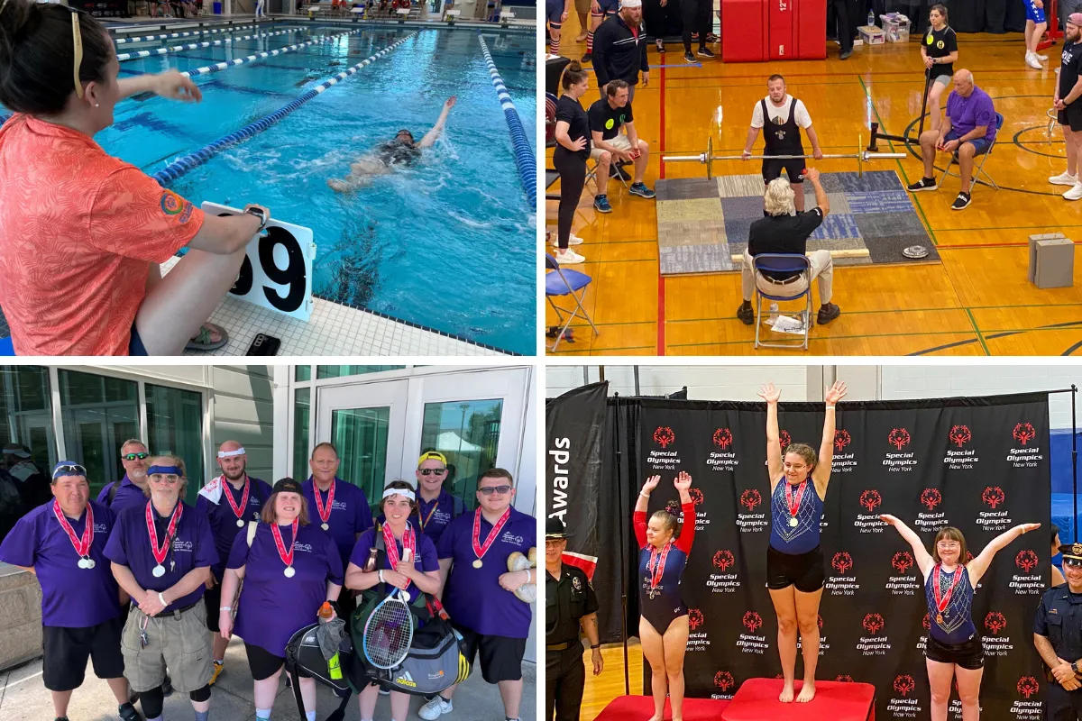 Athletes swimming, powerlifting, and posing with tennis rackets and on the podium