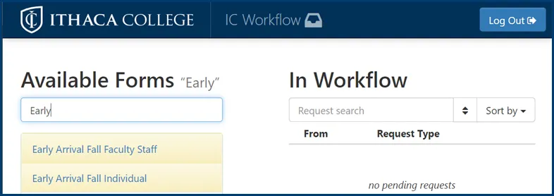 Screenshot of Early Arrival Forms for Fall in IC Workflow