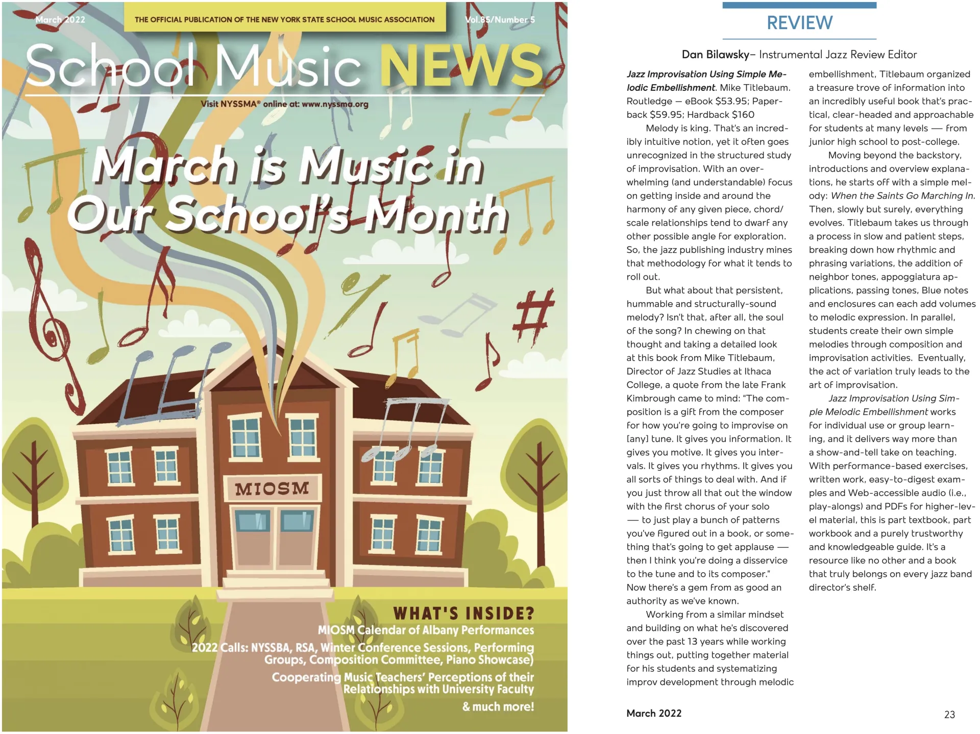 Review of "Jazz Improvisation Using Simple Melodic Embellishment" in NYSSMA School Music News, March 2022