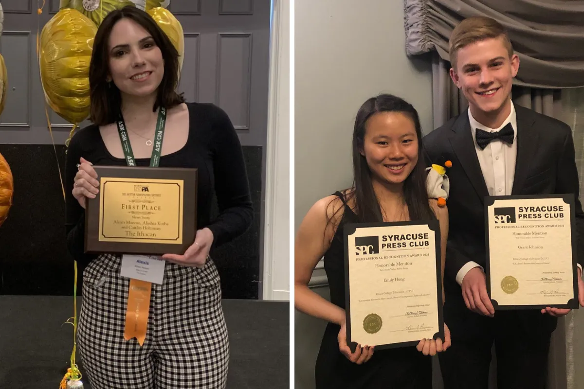 Alexis Monroe and Emily Hung and Grant Johnson holding awards