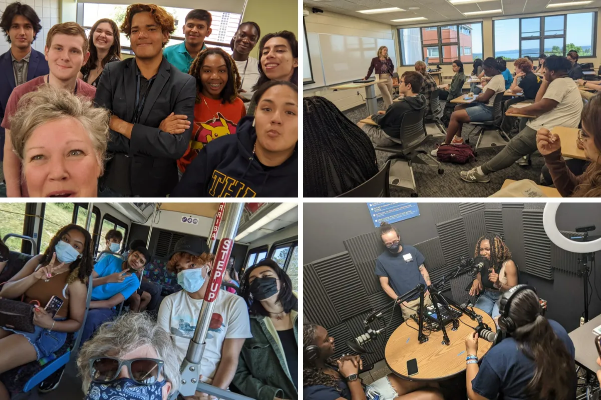 Canva of four photos showing students on campus