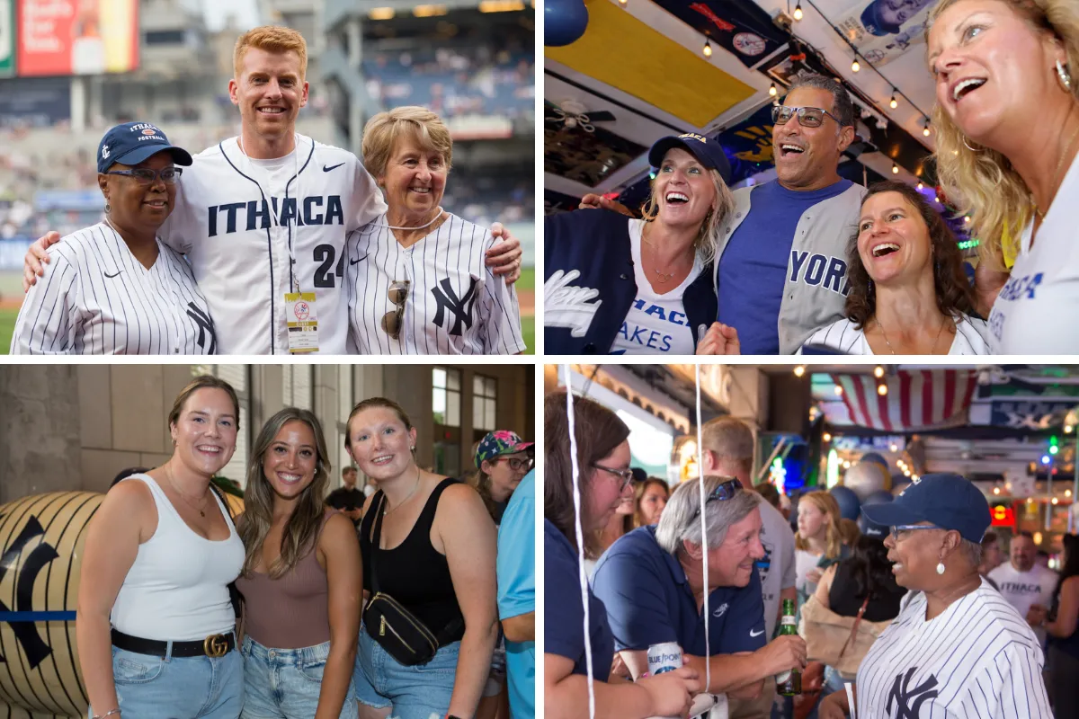 Clockwise from top right: President La Jerne Terry Cornish with head football coach Michael Toerper and director of athletics Susan Bassett '79; Julian Munoz '94 (second from right) enjoying time in Stan's; president Cornish talking with Peter Talbot '78; and former women's basketball teammates (from left) Sage VanAmerongen ’18, Allie Ricchiuti ‘17, and Erin Ferguson ’17, ‘18.