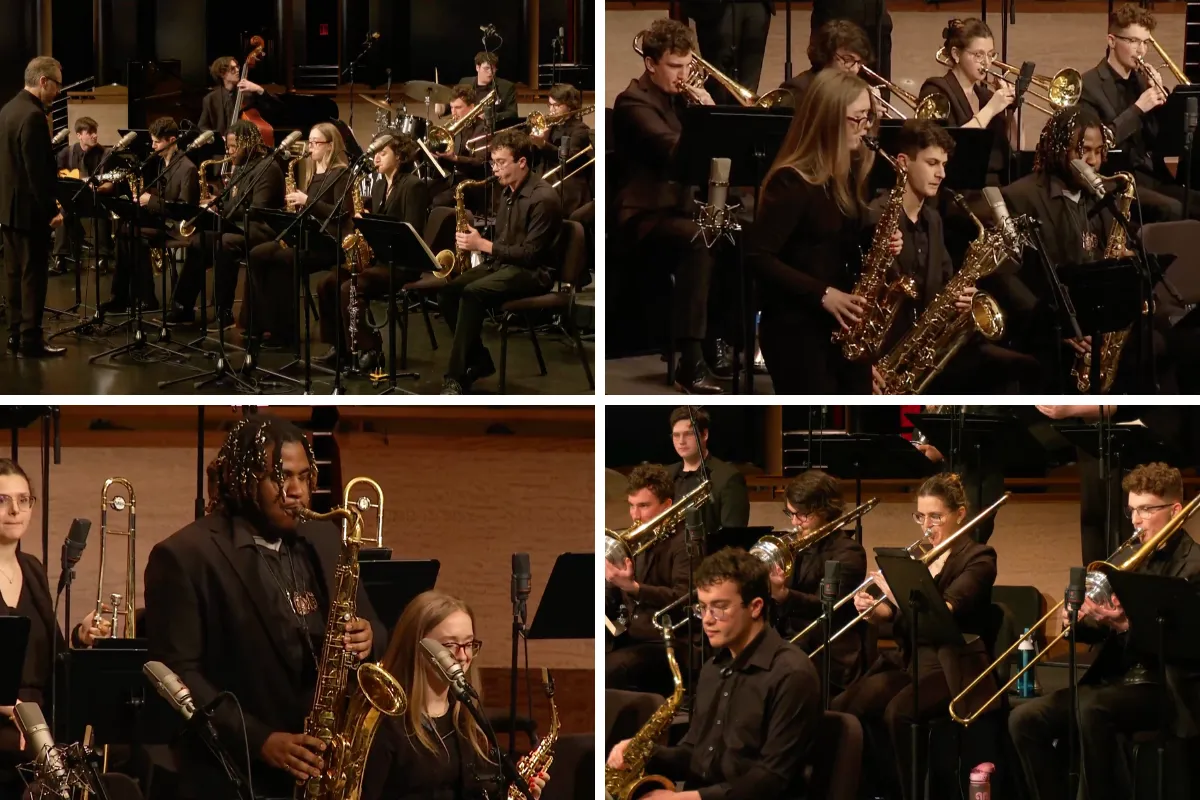 Four photos of students performing 