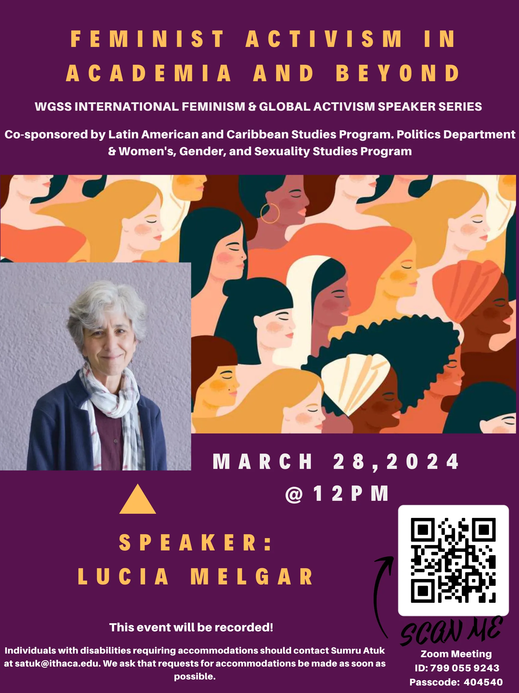 Flyer with details of event. On the left hand side there is a bust-size photo of a woman with short white hair. Across the middle of the flyer, there is a drawing of women of different characteristics across the middle of the flyer and a qr code in the bottom right-hand corner. 