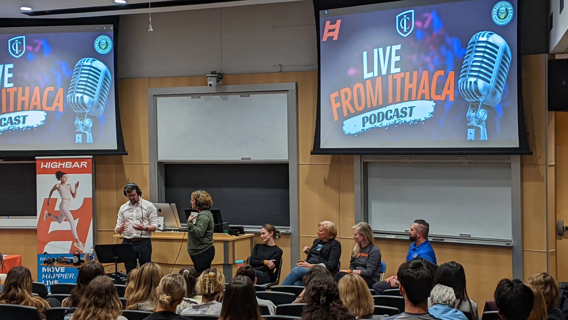 People meet for a podcast recording session